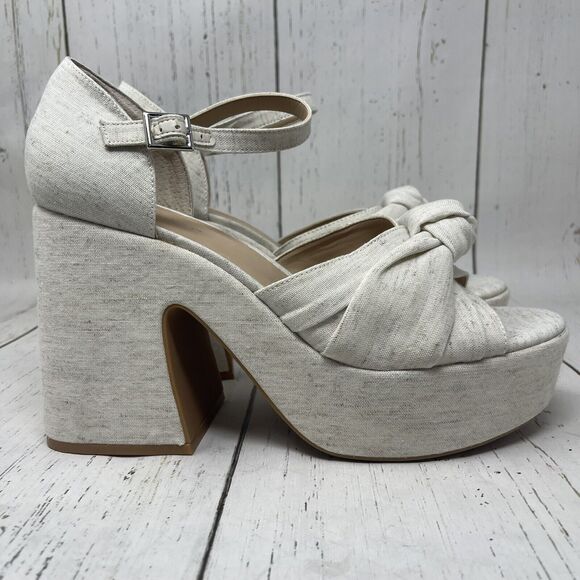 Copper Key Platform Sandals Size 11 Beige Picnic Denim Heels - Picture 7 of 11